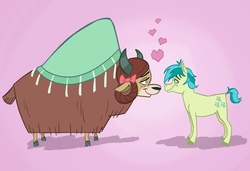 Size: 1427x975 | Tagged: safe, artist:mosaic, sandbar, yona, pony, yak, g4, bedroom eyes, blushing, bow, cloven hooves, cute, essay in description, female, floating heart, hair bow, hair decorations, heart, interspecies, looking at each other, male, monkey swings, pink background, sandabetes, ship:yonabar, shipping, simple background, straight, yonadorable