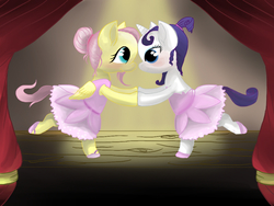 Size: 1000x750 | Tagged: safe, artist:lirazio, fluttershy, rarity, pegasus, pony, unicorn, g4, alternate hairstyle, ballerina, ballet, clothes, dress, eye contact, female, filly, folded wings, hair bun, holding hooves, lesbian, looking at each other, pointe, profile, ship:flarity, shipping, smiling, stage, touching hooves, wings, younger