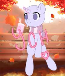 Size: 829x965 | Tagged: safe, artist:wavecipher, oc, oc only, alicorn, earth pony, pegasus, pony, unicorn, autumn, bench, chocolate, clothes, coffee, commission, cozy, food, hot chocolate, leaves, orange, park, red, scarf, solo, your character here