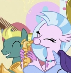 Size: 346x356 | Tagged: safe, screencap, end zone, november rain, silverstream, hippogriff, pony, a horse shoe-in, g4, cropped, eyes closed, friendship student, male, musical instrument, saxophone, stallion