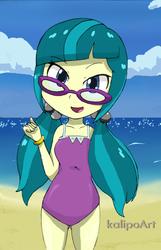 Size: 1024x1587 | Tagged: safe, artist:kalipoart, juniper montage, equestria girls, equestria girls specials, g4, beach, clothes, female, ocean, one-piece swimsuit, purple swimsuit, solo, swimsuit