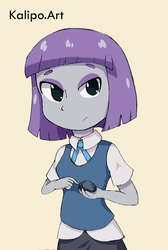 Size: 1751x2610 | Tagged: safe, artist:kalipoart, boulder (g4), maud pie, equestria girls, g4, clothes, female, looking at you, school uniform, simple background, solo, yellow background