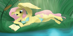 Size: 2000x1000 | Tagged: safe, artist:lirazio, fluttershy, anthro, g4, arm hooves, belly button, bikini, book, breasts, busty fluttershy, cleavage, clothes, female, grass, lying down, reading, side-tie bikini, solo, swimsuit