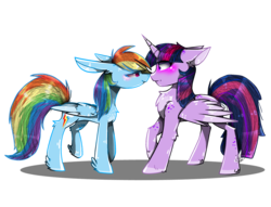 Size: 2222x1700 | Tagged: safe, artist:55xxglai-s-z-s-exx55, rainbow dash, twilight sparkle, alicorn, pegasus, pony, g4, blushing, boop, chest fluff, coat markings, dappled, eye contact, female, floppy ears, lesbian, long ears, looking at each other, noseboop, ship:twidash, shipping, simple background, transparent background, twilight sparkle (alicorn)