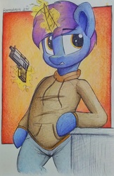 Size: 1515x2337 | Tagged: safe, artist:perezadotarts, oc, unicorn, semi-anthro, arm hooves, clothes, gun, handgun, jacket, jeans, magic, male, pants, photo, pistol, solo, weapon