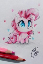 Size: 316x465 | Tagged: safe, artist:55xxglai-s-z-s-exx55, pinkie pie, earth pony, pony, g4, chest fluff, chibi, colored pupils, cute, diapinkes, ear fluff, female, heart, mare, solo, traditional art, weapons-grade cute