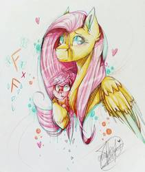Size: 821x974 | Tagged: safe, artist:55xxglai-s-z-s-exx55, fluttershy, pegasus, pony, g4, bust, crossover, duo, female, flaky, happy tree friends, holding, looking at you, mare, simple background, stray strand, three quarter view, traditional art, unshorn fetlocks, white background