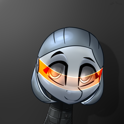 Size: 2000x2000 | Tagged: safe, artist:shido-tara, android, pony, bust, crossover, edi, gray background, high res, mass effect, mass effect 2, mass effect 3, ponified, portrait, simple background, solo, watching in camera