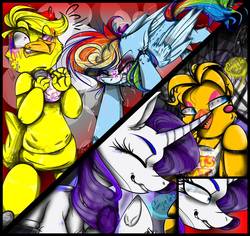 Size: 920x869 | Tagged: safe, artist:55xxglai-s-z-s-exx55, rainbow dash, rarity, pegasus, pony, unicorn, g4, chica, crossover, female, five nights at freddy's, mare