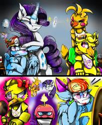 Size: 808x989 | Tagged: safe, artist:55xxglai-s-z-s-exx55, rainbow dash, rarity, pegasus, pony, unicorn, g4, chica, competition, crossover, female, five nights at freddy's, magic, makeover, mare, telekinesis, toy chica
