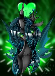 Size: 764x1045 | Tagged: dead source, safe, artist:55xxglai-s-z-s-exx55, queen chrysalis, changeling, changeling queen, g4, abstract background, bust, crown, female, heart, jewelry, portrait, regalia, solo