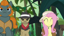 Size: 1920x1080 | Tagged: safe, screencap, biff, fluttershy, rogue (g4), earth pony, pegasus, pony, daring doubt, g4, eyes closed, female, hat, henchmen, male, mare, one of these things is not like the others, saddle bag, stallion, trio
