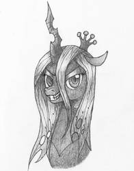 Size: 792x1009 | Tagged: safe, artist:llamacheesecake, queen chrysalis, changeling, changeling queen, g4, bust, crown, female, grayscale, jewelry, monochrome, regalia, simple background, solo, traditional art, white background