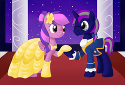 Size: 1760x1200 | Tagged: safe, artist:llamacheesecake, oc, oc only, oc:apath, oc:moonlight blossom, pegasus, pony, unicorn, beauty and the beast, clothes, coat, dress, eye contact, female, glasses, holding hooves, hoof gloves, looking at each other, male, mare, stallion