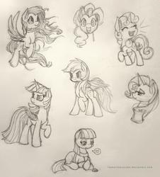 Size: 600x663 | Tagged: safe, artist:llamacheesecake, boulder (g4), fluttershy, maud pie, pinkie pie, rainbow dash, rarity, sweetie belle, twilight sparkle, alicorn, earth pony, pegasus, pony, unicorn, g4, female, mare, monochrome, open mouth, raised hoof, serious, serious face, simple background, sketch, sketch dump, smiling, traditional art, twilight sparkle (alicorn)