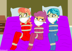 Size: 1058x755 | Tagged: safe, artist:robukun, aunt holiday, auntie lofty, scootaloo, equestria girls, g4, bondage, bound and gagged, cloth gag, clothes, damsel in distress, equestria girls-ified, footed sleeper, footie pajamas, gag, help us, kidnapped, over the nose gag, pajamas, tied up