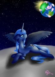 Size: 2480x3496 | Tagged: safe, artist:moon-wing, princess luna, alicorn, pony, g4, crying, equestria, female, high res, looking back, lying down, mare, on the moon, planet, solo