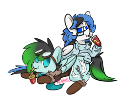 Size: 2700x2100 | Tagged: safe, artist:myahster, oc, oc only, oc:gryph xander, oc:kezzie, pegasus, pony, birthday, bomber jacket, boots, clothes, commission, drink, duo, food, french fries, glasses, goggles, goggles on head, high res, jacket, no pupils, shoes, simple background, sweater, transparent background