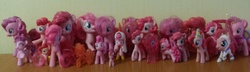Size: 2288x656 | Tagged: safe, fili-second, pinkie pie, earth pony, pony, g4, too many pinkie pies, blind bag, brushable, burger king toys, female, friendship is magic collection, gift set, irl, kinder egg, magazine figure, mcdonald's happy meal toys, multeity, photo, power ponies, too much pink energy is dangerous, toy