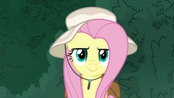 Size: 1920x1080 | Tagged: safe, screencap, fluttershy, pony, daring doubt, g4, female, hat, mare, solo