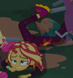 Size: 840x891 | Tagged: safe, screencap, sunset shimmer, equestria girls, equestria girls series, g4, sunset's backstage pass!, spoiler:eqg series (season 2), ass, bunset shimmer, butt, clothes, cropped, female, music festival outfit, night, pants, property damage