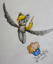 Size: 813x983 | Tagged: safe, artist:moon-wing, derpy hooves, pegasus, pony, g4, female, flying, food, mare, muffin, solo, tongue out, traditional art