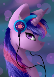 Size: 2480x3496 | Tagged: safe, artist:moon-wing, twilight sparkle, pony, g4, abstract background, bokeh, bust, female, headphones, high res, looking at you, mare, portrait, solo