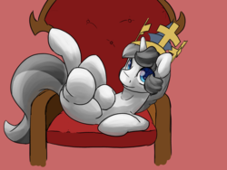 Size: 3200x2400 | Tagged: safe, artist:lurker, oc, pony, unicorn, crown, headgear, high res, jewelry, king, looking up, male, on side, regalia, smiling, throne