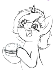 Size: 397x522 | Tagged: safe, artist:zippysqrl, oc, oc only, oc:sign, pony, unicorn, burger, bust, cute, female, food, freckles, grayscale, hoof hold, imminent bite, imminent nom, lineart, mare, meat, monochrome, ocbetes, open mouth, ponies eating meat, simple background, sketch, smiling, solo, white background