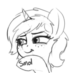 Size: 251x237 | Tagged: safe, artist:zippysqrl, oc, oc only, oc:sign, pony, unicorn, body writing, bust, female, freckles, grayscale, lidded eyes, monochrome, picture for breezies, simple background, sketch, smiling, smirk, smol, solo, white background