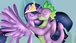 Size: 1280x720 | Tagged: safe, artist:jbond, spike, twilight sparkle, alicorn, dragon, pony, g4, the last problem, castle, duo, eyes closed, female, hug, jewelry, kiss on the lips, kissing, male, mare, older, older spike, older twilight, older twilight sparkle (alicorn), princess twilight 2.0, regalia, ship:twispike, shipping, simple background, straight, twilight sparkle (alicorn), winged spike, wings