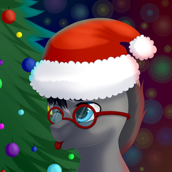 Size: 3000x3000 | Tagged: safe, artist:starshade, oc, oc only, oc:zenfox, pony, bust, christmas, christmas tree, commission, glasses, hat, high res, holiday, male, new year, portrait, santa hat, smiling, solo, tongue out, tree, ych result
