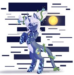 Size: 2576x2623 | Tagged: safe, artist:starshade, oc, oc only, pony, unicorn, g4, curved horn, cute, cutie mark, female, full body, high res, horn, mare, moon, rearing, signature, smiling, solo, starry eyes, white hair, white mane, wingding eyes