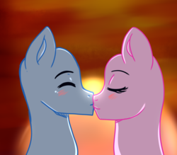 Size: 2400x2100 | Tagged: safe, artist:yumomochan, pony, auction, blushing, commission, eyes closed, female, high res, kissing, male, mare, stallion, sun, sunset, ych sketch, your character here