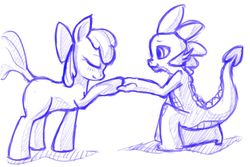 Size: 900x602 | Tagged: safe, artist:sharpy, apple bloom, spike, dragon, pony, g4, cute, female, filly, holding hands, holding hoof, male, ship:spikebloom, shipping, straight