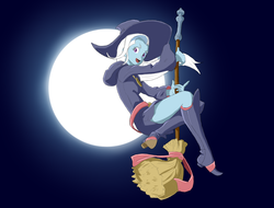 Size: 992x752 | Tagged: safe, artist:vinilyart, trixie, equestria girls, g4, broom, clothes, cosplay, costume, female, flying, flying broomstick, hat, little witch academia, moon, solo, witch hat
