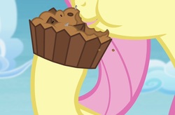 Size: 1099x719 | Tagged: safe, artist:hereward, edit, vector edit, fluttershy, g4, rainbow falls, 1000 hours in ms paint, chocolate chips, female, food, imminent vore, micro, muffin, shrunk, unaware vore, vector
