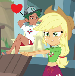 Size: 717x720 | Tagged: safe, edit, edited screencap, screencap, applejack, timber spruce, equestria girls, g4, my little pony equestria girls: better together, turf war, applespruce, cropped, crossed legs, feet, female, lifeguard applejack, lifeguard timber, lifejacket, male, male feet, shipping, shipping domino, straight