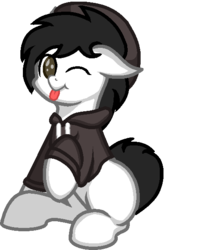 Size: 500x600 | Tagged: safe, alternate version, artist:zeka10000, oc, oc only, oc:mod pone the mod, earth pony, pony, base used, beanie, cheeks, clothes, cute, hat, hoodie, looking at you, male, no pupils, one eye closed, raised hoof, request, simple background, sitting, stallion, tongue out, transparent background, wink