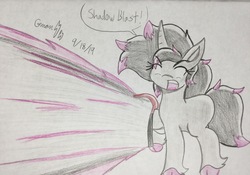 Size: 2190x1536 | Tagged: safe, artist:gamerblitz77, oleander (tfh), pony, unicorn, them's fightin' herds, book, community related, dialogue, female, laser, magic, mare, shadow blast, solo, traditional art