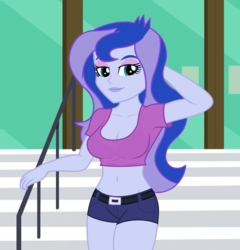 Size: 960x1000 | Tagged: safe, edit, edited screencap, editor:ah96, screencap, princess luna, vice principal luna, equestria girls, g4, my little pony equestria girls: friendship games, belly button, breast edit, breasts, busty princess luna, cleavage, clothes, cropped, female, hand on head, looking at you, midriff, sexy, short shirt, shorts, solo, stupid sexy princess luna, thighs