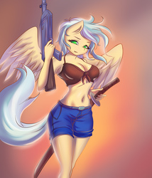 Size: 1100x1283 | Tagged: safe, artist:derpifecalus, oc, pegasus, anthro, breasts, cleavage, clothes, female, front knot midriff, gun, midriff, shorts, solo, sword, tail, weapon, wings