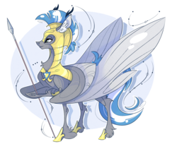 Size: 2193x1849 | Tagged: safe, artist:marbola, oc, oc only, oc:cloud zapper, pegasus, pony, abstract background, armor, femboy, fetlock tuft, helmet, large wings, male, partially open wings, royal guard, royal guard armor, solo, spear, stallion, standing, weapon, wings