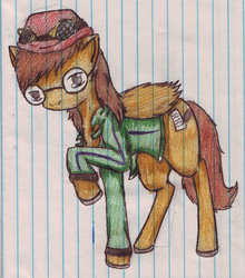 Size: 1365x1548 | Tagged: artist needed, safe, oc, oc only, oc:type writer, pegasus, pony, bowler hat, clothes, glasses, hat, jacket, lined paper, solo, traditional art