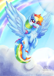 Size: 4961x7017 | Tagged: safe, artist:8bitgalaxy, rainbow dash, pegasus, pony, chest fluff, cutie mark, female, flying, mare, open mouth, smiling, solo
