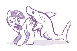 Size: 705x465 | Tagged: safe, artist:moophins, edit, twilight sparkle, pony, shark, unicorn, g4, biting, blushing, butt bite, female, jaws, literal butthurt, looking back, mare, monochrome, ouch, simple background, sketch, twilight sharkle, unicorn twilight, white background