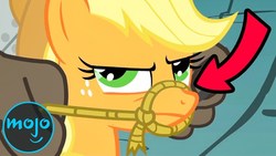Size: 1280x720 | Tagged: safe, screencap, applejack, diamond dog, pony, a dog and pony show, g4, applejack is not amused, arrow, bridle, looking at you, offscreen character, rope, solo focus, tack, unamused, watchmojo.com, youtube