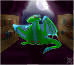 Size: 4050x3550 | Tagged: safe, artist:hannahsealy, oc, oc only, oc:fridis, dragon, book, bookshelf, moon, solo
