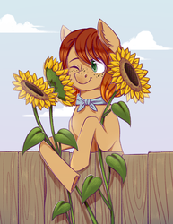 Size: 2119x2740 | Tagged: safe, artist:djkaskan, oc, oc only, earth pony, pony, flower, freckles, high res, one eye closed, solo, summer, sunflower