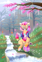 Size: 3000x4500 | Tagged: safe, artist:djkaskan, oc, oc only, pony, earbuds, flower, forest, leaves, music, phone, river, scenery, solo, swing, tree, tree branch